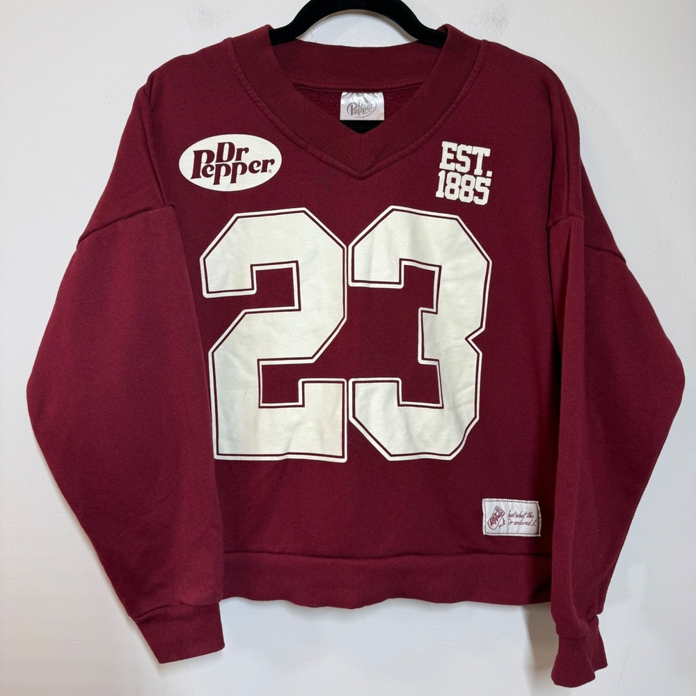 Dr Pepper Sweatshirt Womens M Burgundy Varsity 23 V Neck Retro Graphic Pullover